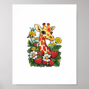 Giraffe Strawberries and Flowers Graphic Cute Gira Poster