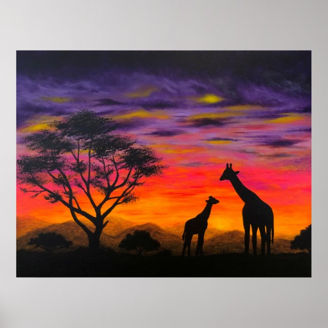 "Giraffe Sunset" Giraffe Impressions d'affiches d' (Devant)
