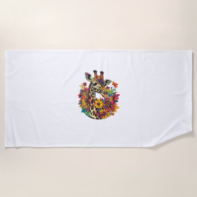 Giraffe Surrounded By Colourful Flowers _1 Beach Towel (Front)