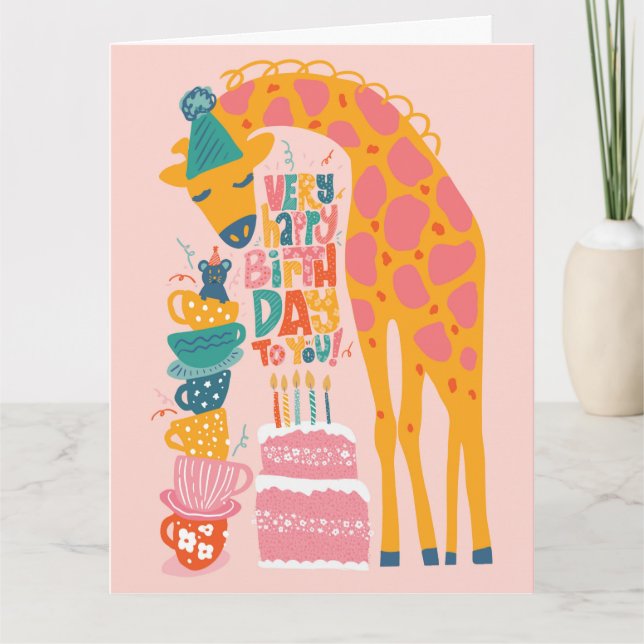 Giraffe Tea Party Folded Birthday Greeting Card (Front)