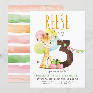 Giraffe Third Birthday Party Invitation