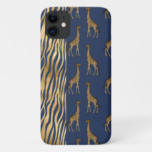 Giraffe & Tiger Print Gold Blue Pretty Chic iPhone 11 Case