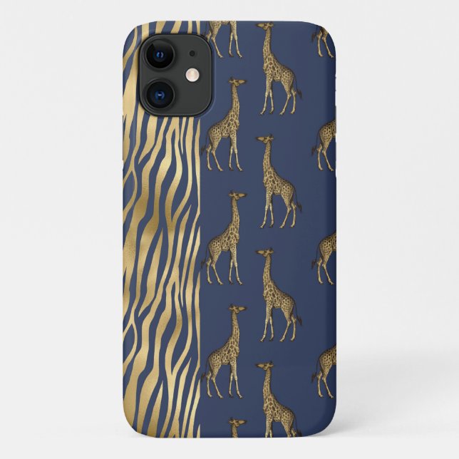 Giraffe & Tiger Print Gold Blue Pretty Chic Case-Mate iPhone Case (Back)