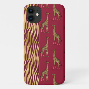 Giraffe & Tiger Print Gold Burgundy Red Chic iPhone 11 Case
