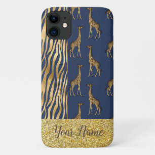 Giraffe & Tiger Print Gold Glitter Blue Name iPhone 11 Case
