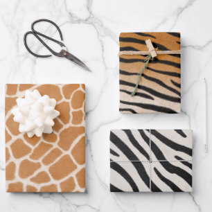 Giraffe Tiger & Zebra Fur Realistic Animal Print Wrapping Paper Sheet