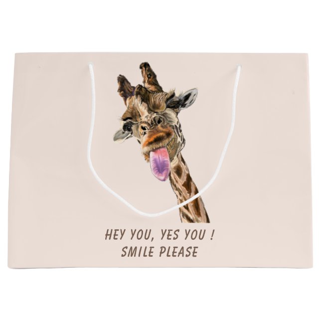 Giraffe Tongue Out and Playful Wink - Custom Text  Large Gift Bag (Front)