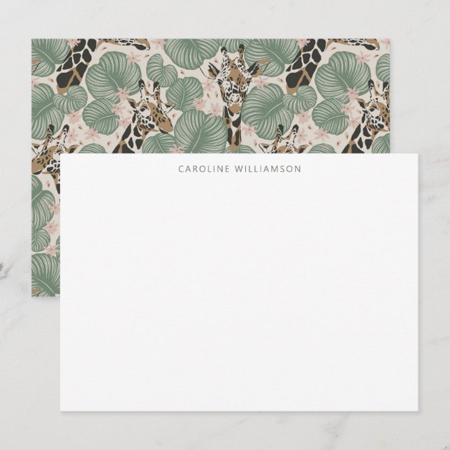 Giraffe Tropical Leaf Personalized Stationery  Card (Front/Back)