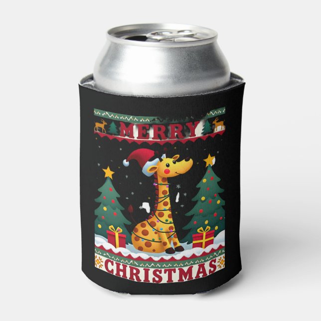 Giraffe Ugly Christmas Sweaters Funny Santa Hat Li Can Cooler (Can Front)