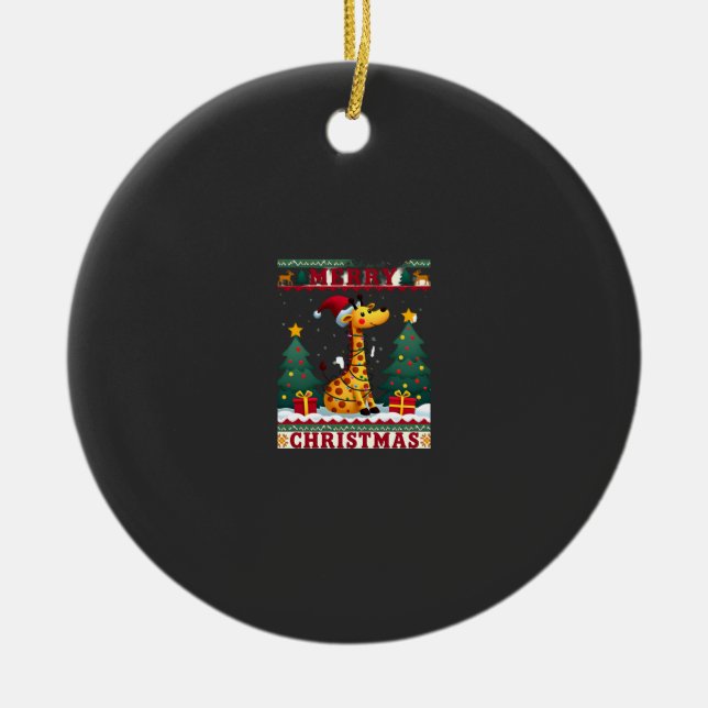 Giraffe Ugly Christmas Sweaters Funny Santa Hat Li Ceramic Ornament (Front)