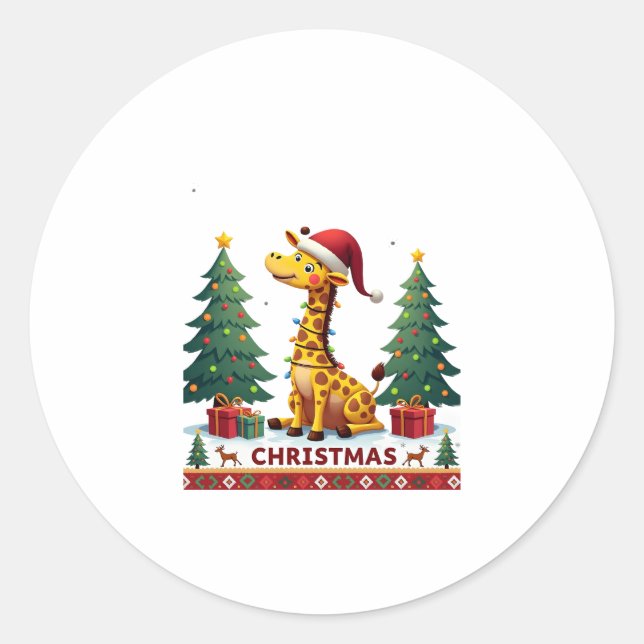 Giraffe Ugly Christmas Sweaters Funny Santa Hat Li Classic Round Sticker (Front)