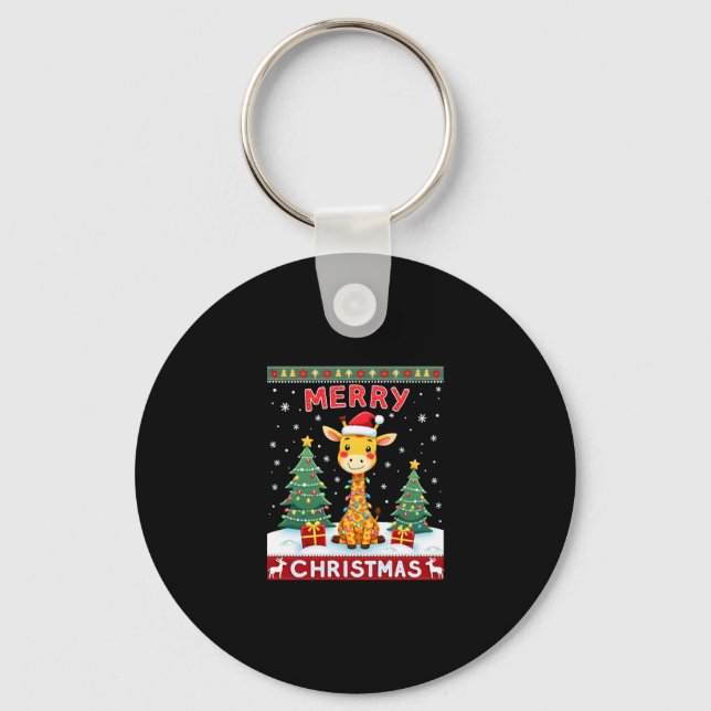Giraffe Ugly Christmas Sweaters Funny Santa Hat Li Keychain (Front)
