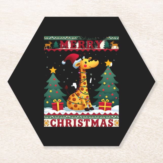 Giraffe Ugly Christmas Sweaters Funny Santa Hat Li Paper Coaster (Front)