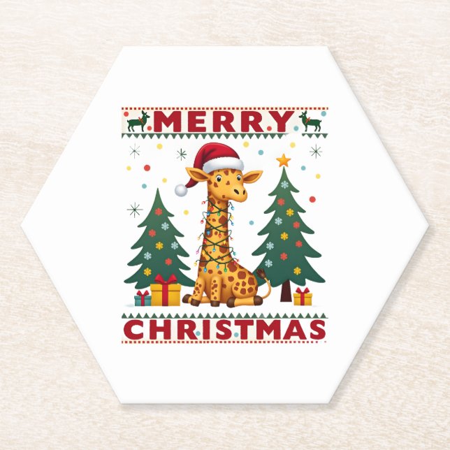 Giraffe Ugly Christmas Sweaters Funny Santa Hat Li Paper Coaster (Front)