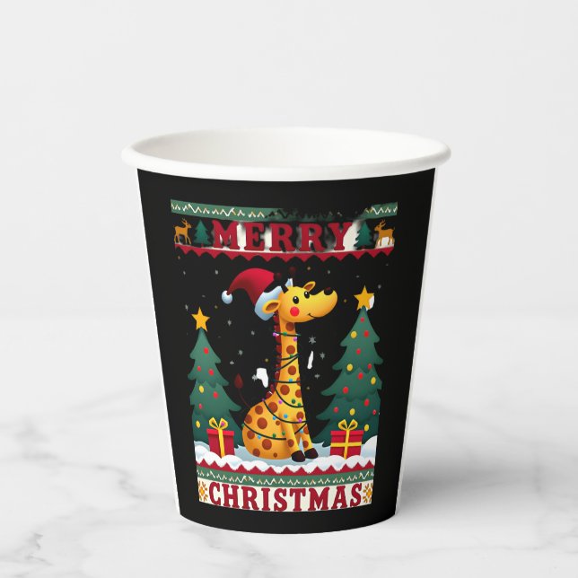 Giraffe Ugly Christmas Sweaters Funny Santa Hat Li Paper Cups (Front)