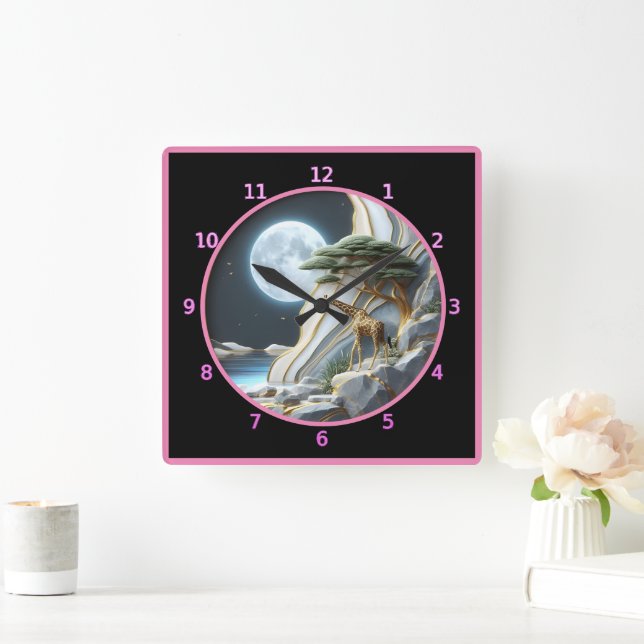 Giraffe under Africa's moonlit sky Square Wall Clock (Home)