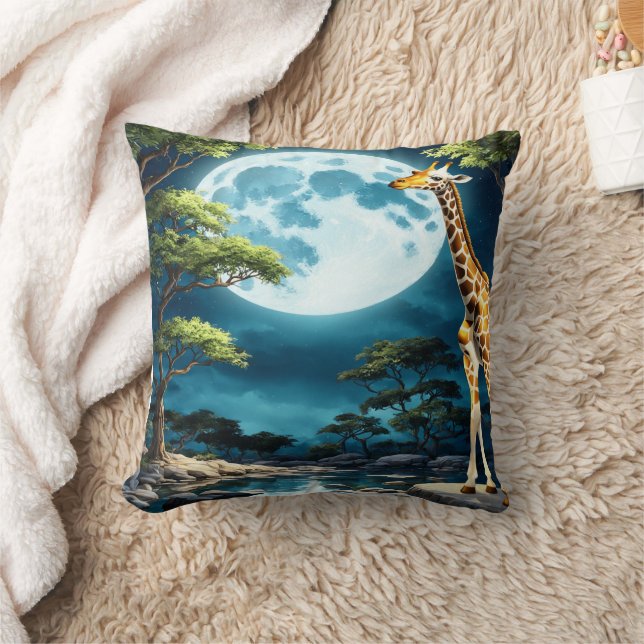 Giraffe Under Full Moonlight in Tranquil Landscape Throw Pillow (Blanket)