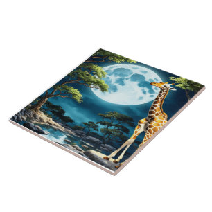 Giraffe Under Full Moonlight in Tranquil Landscape Tile