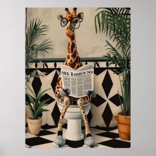 Giraffe Using the Toilet – Cute Bathroom Humor Art Poster