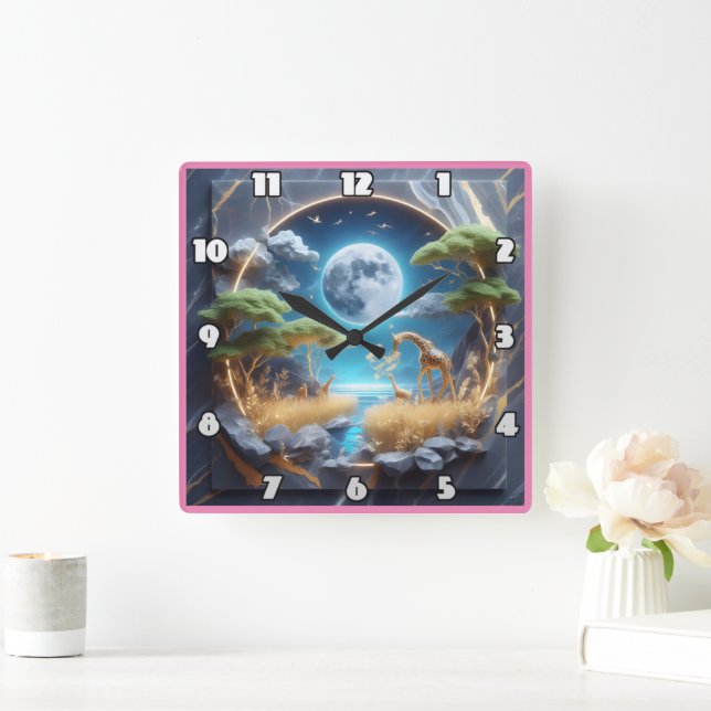 Giraffe wandering under moonlight in Africa Square Wall Clock (Home)