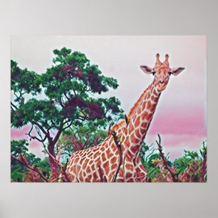 Giraffe Watercolor in Reds Orange and Green  Poster