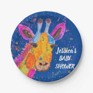 Giraffe Watercolor Safari Jungle Blue Baby Shower Paper Plate
