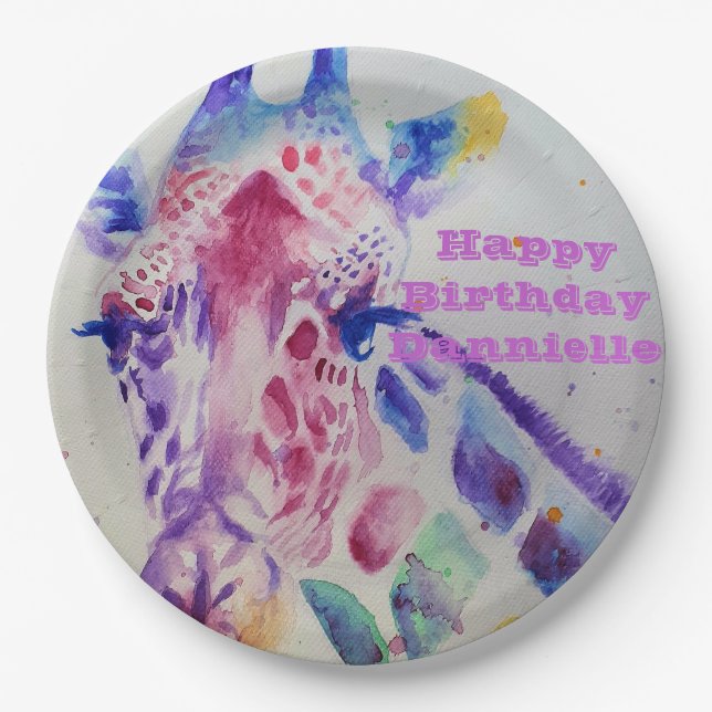 Giraffe Watercolour Birthday Party Paper Plate (Front)