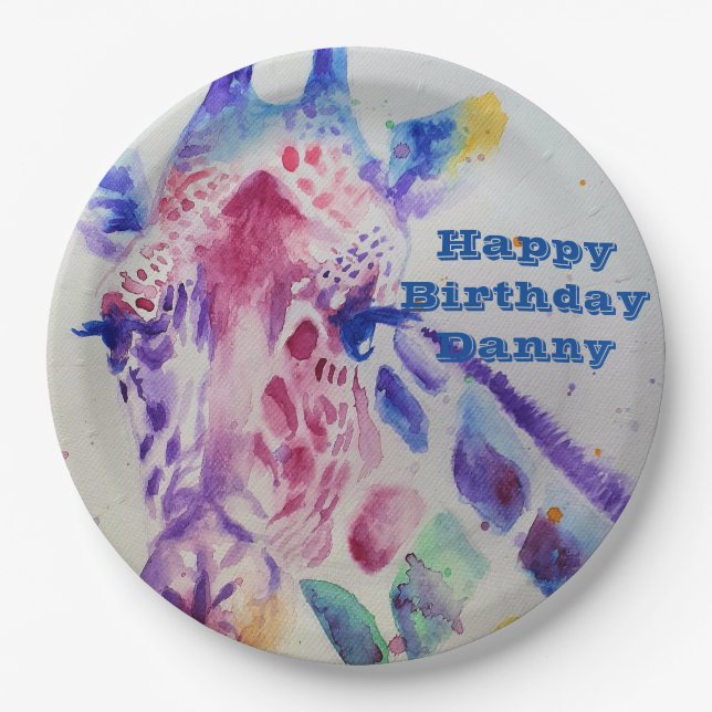 Giraffe Watercolour Birthday Party Paper Plate (Front)