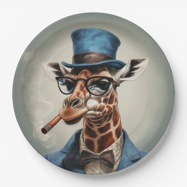 Giraffe wearing a top hat smoking a cigar paper plate (Front)