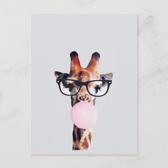 Giraffe wearing glasses blowing a pink bubble gum postcard (Front)