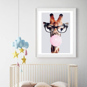 GIRAFFE WEARING GLASSES BLOWING A PINK BUBBLE GUM  POSTER