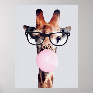 GIRAFFE WEARING GLASSES BLOWING A PINK BUBBLE GUM  POSTER