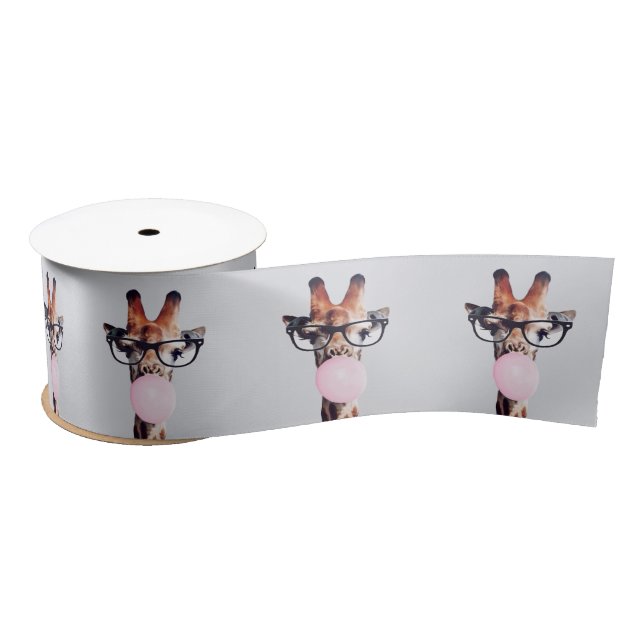 Giraffe wearing glasses blowing a pink bubble gum satin ribbon (Spool)