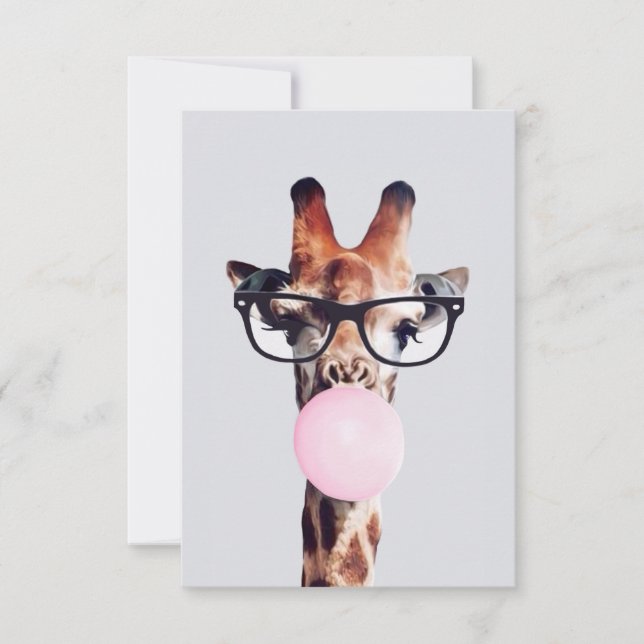 GIRAFFE WEARING GLASSES BLOWING A PINK BUBBLEGUM INVITATION (Front)