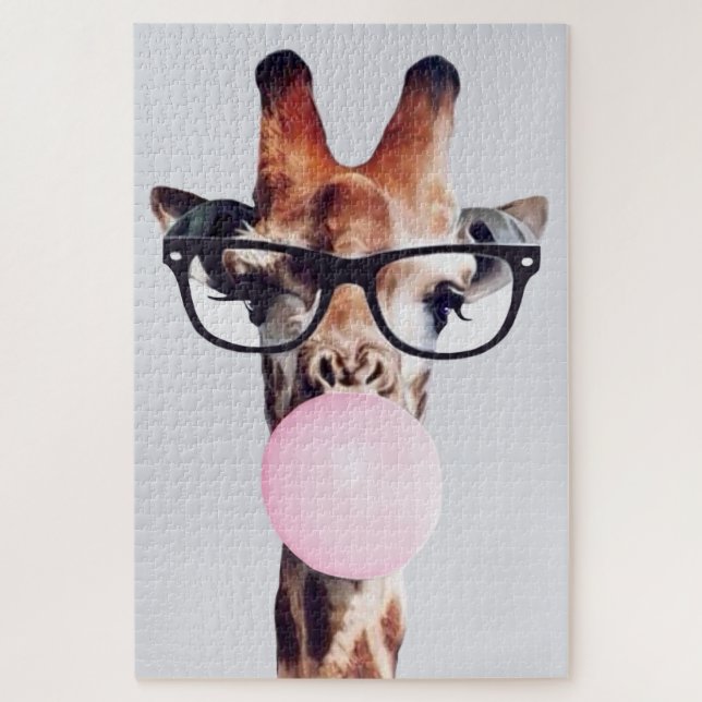 GIRAFFE WEARING GLASSES BLOWING A PINK BUBBLEGUM JIGSAW PUZZLE (Vertical)