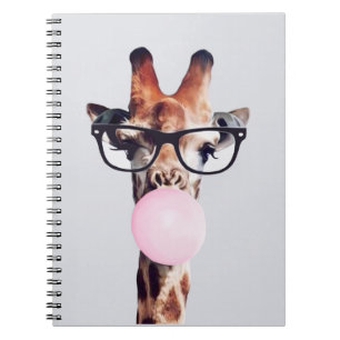 GIRAFFE WEARING GLASSES BLOWING A PINK BUBBLEGUM NOTEBOOK