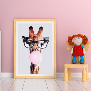 GIRAFFE WEARING GLASSES BLOWING A PINK BUBBLEGUM POSTER