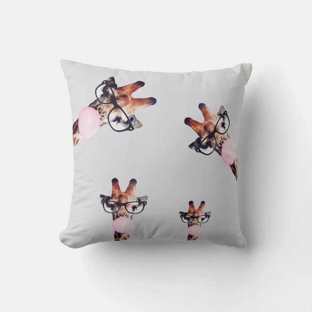 GIRAFFE WEARING GLASSES BLOWING A PINK BUBBLEGUM THROW PILLOW (Front)