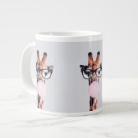 Giraffe wearing glasses blowing pink bubble gum