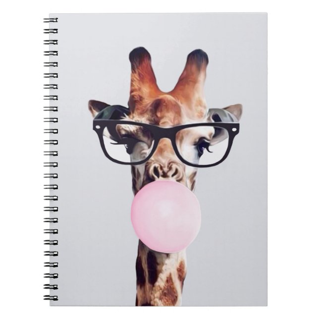 Giraffe Wearing Glasses Blowing Pink Bubble gum Notebook (Front)