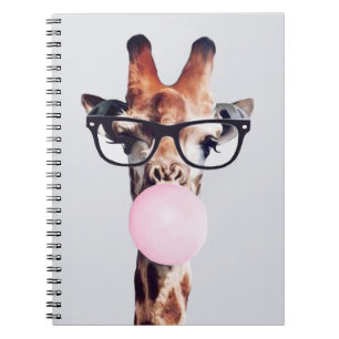 Giraffe wearing glasses blowing pink bubble gum notebook