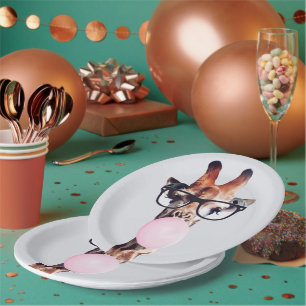 Giraffe Wearing Glasses Blowing Pink Bubble gum  Paper Plate