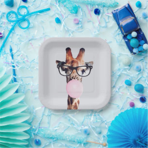Giraffe Wearing Glasses Blowing Pink Bubble gum Paper Plate