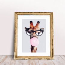 Giraffe wearing glasses blowing pink bubble gum