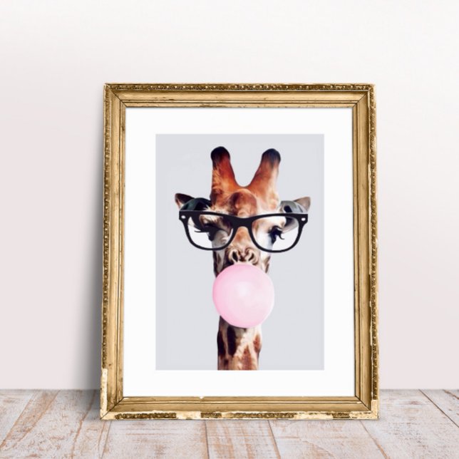 Giraffe wearing glasses blowing pink bubble gum poster (Creator Uploaded)