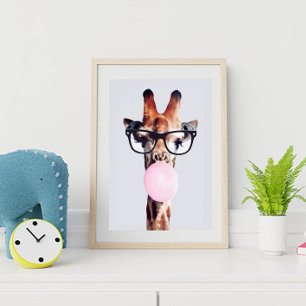 Giraffe Wearing Glasses Blowing Pink Bubble gum Poster