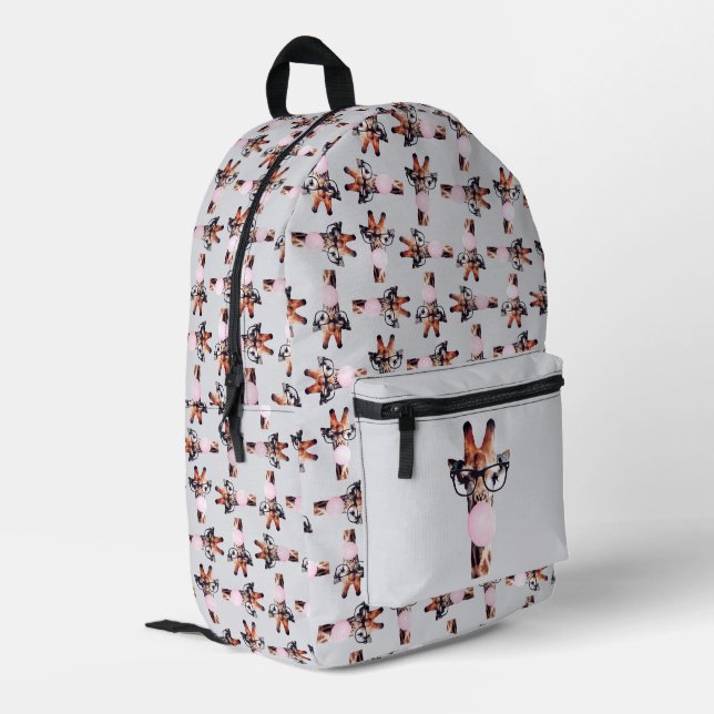 Giraffe Wearing Glasses Blowing Pink Bubble gum Printed Backpack (Back Corner Left)