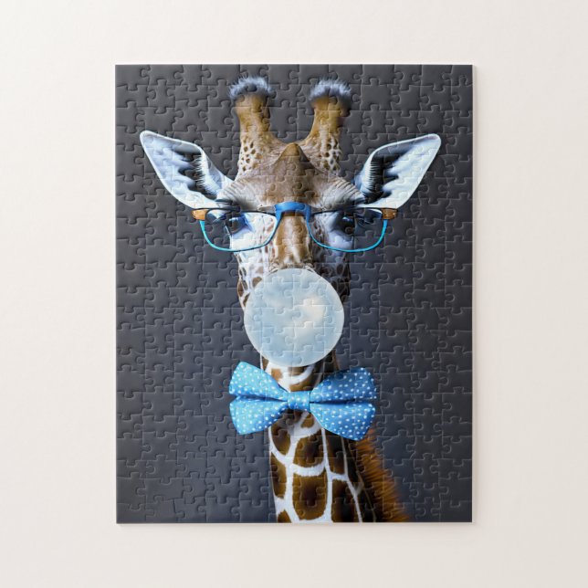 Giraffe wearing glasses, bow tie blowing blue gum jigsaw puzzle (Vertical)