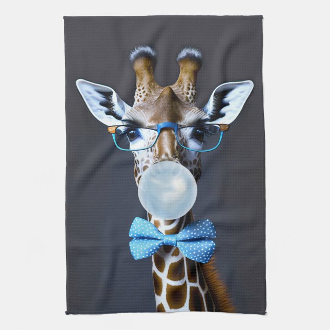 Giraffe wearing glasses, bow tie blowing blue gum kitchen towel (Vertical)