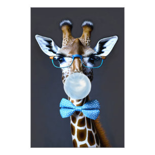 Giraffe wearing glasses, bow tie blowing blue gum photo print